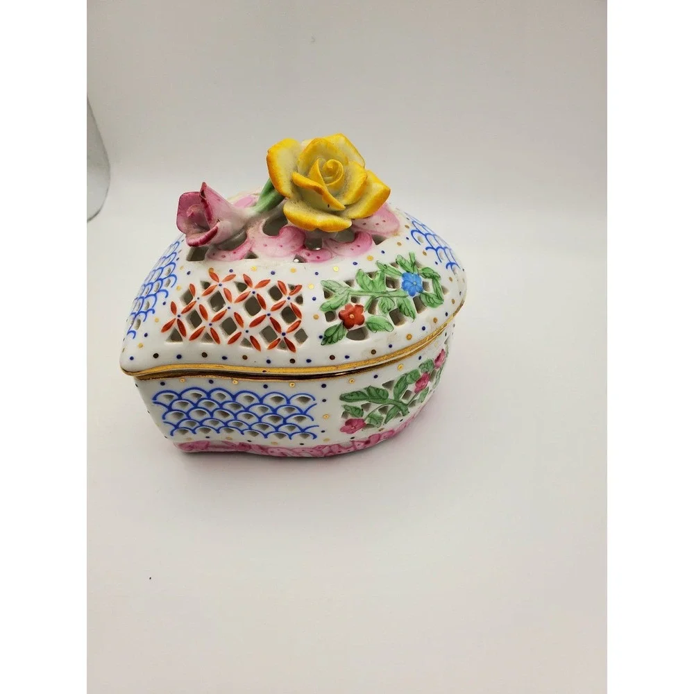 Royal Danube Heart Porcelain Trinket Box Hand Painted Rose Reticulated 1886